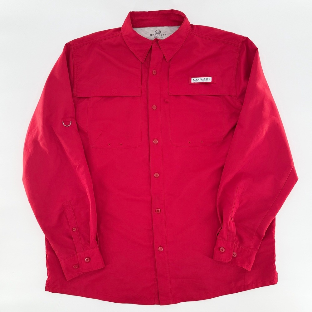REALTREE FISHING Mens Long Sleeve Button Up Performance Shirt Brick Red Large
